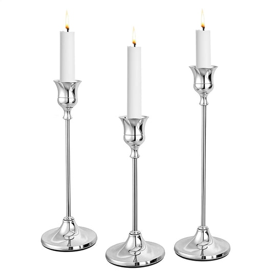 CHILL RECIPE Silver Taper Candle Stick Holders Tall Candle Holder, Vintage Candlesticks Holder Bulk for Home Decor Table Centerpiece Dining Party Festival Decorations(1 Set 3Pcs)