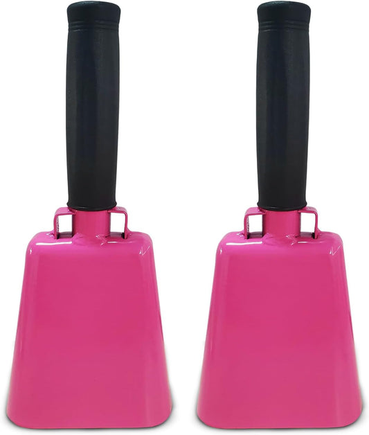 Deke Home - 2 Pack 7 Inch Steel Cowbells with Handle, Loud Noise Makers for Football, Sports, Parties, Competitions, School Spirit & Safety, Large Hand Bell for Cheering & Percussion Instrument