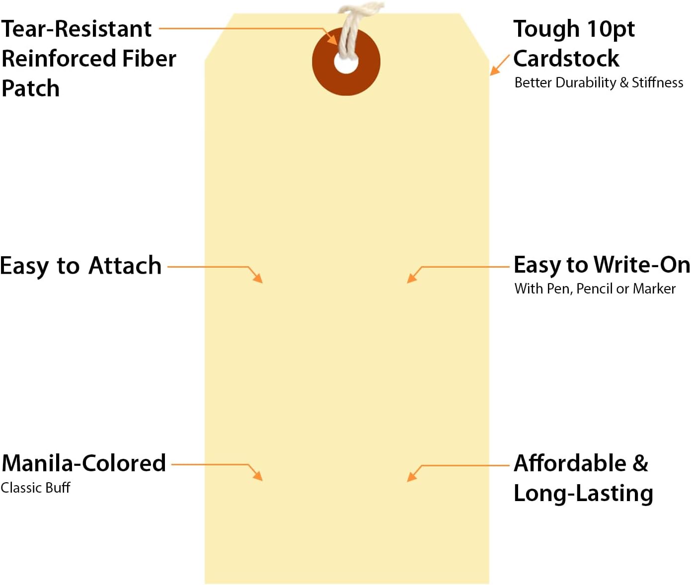 SmartSign Blank Shipping Tags with Pre-Attached Loop Strings, Size-6, Pack of 1000, 10pt Thick Manila Cardstock Tag, 5.25 x 2.625 inch Paper Hang Tags with Reinforced Fiber Patch
