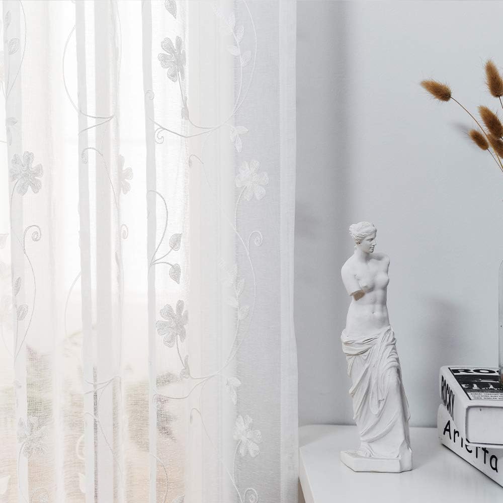 Floral Embroidery Sheer Curtains White 45 Inch Length, Rod Pocket Voile Drapes for Living room, Bedroom, Window Treatments Semi Crinkle Curtain Panels for Yard, Villa, Parlor, Set of 2, 52"x 45".
