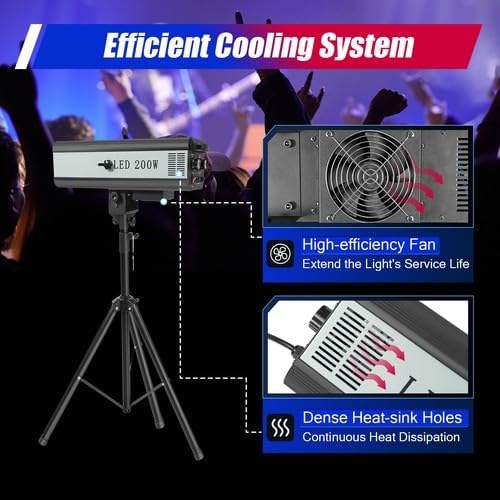 200W LED Stage Spotlight with Tripod, Manual Professional Follow Spot Light with 6 Colors, Portable Theater Lights DJ Lighting for Wedding Party, DJ Show, Theater, Ship in 2 Packages (200, Watts)