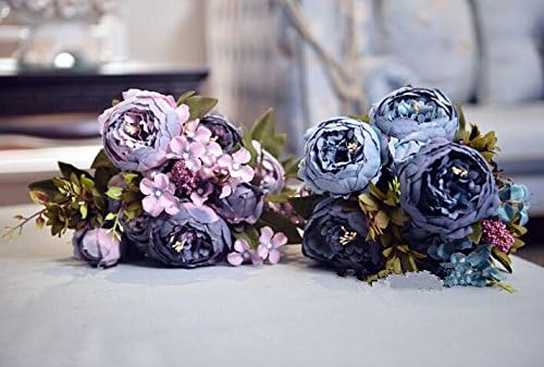 Kimura's Cabin Fake Peonies 2Bouquets Faux Silk Flower Vintage Artificial Peony Face Flowers Arrangement Bouquets for Home Table Centerpieces Wedding Party Decoration (Deep Lake Blue)