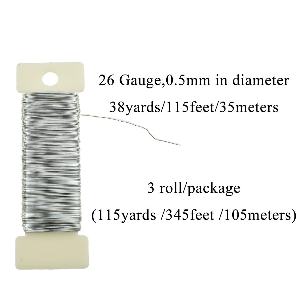 HAHIYO 26Gauge Silver 3 Rolls Total 115 Yards(345 Feet) Metal Floral Wire Flexible Paddle Wire for Crafts Christmas Wreaths Tree Flower Arrangement Bouquet Wrapping Wedding DIY