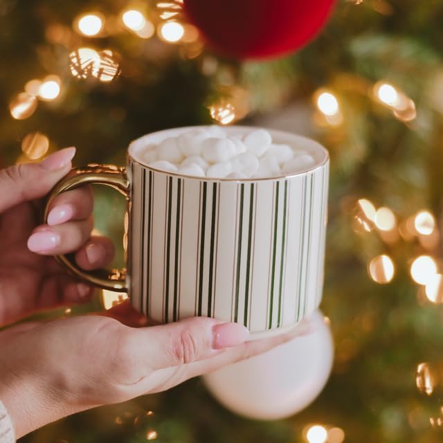 Sweet Water Decor Green Stripe Coffee Mug, 14oz China Christmas Mug with Gold Handle, Large Holiday Winter Cup for Coffee, Tea & Hot Chocolate, Stocking Stuffer Gifts for Women