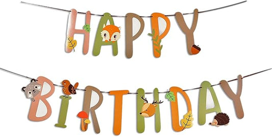 SUNBEAUTY Woodland Party Decorations Woodland Happy Birthday Banner Forest Animal Garland for Kids Boys Girls Baby Shower Woodland Birthday Jungle Party Decoration Supplies | Pre-Strung
