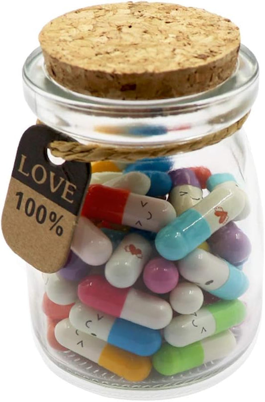50Pcs Capsule Letters Message in a Glass Bottles, Cute Smiling Face Love Friendship Letter Colors Pill with Wishing Bottle, Message Pills for Boyfriend Girlfriend Lovers Family
