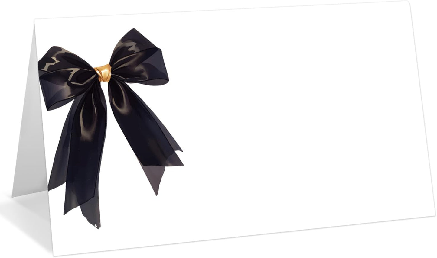 25 Pack Black Bow Place Cards, Editable Name Cards for Table Setting, Tent Cards Food Label for Dinner Party, Bridal Shower, Wedding, Baby Shower and Events -T29