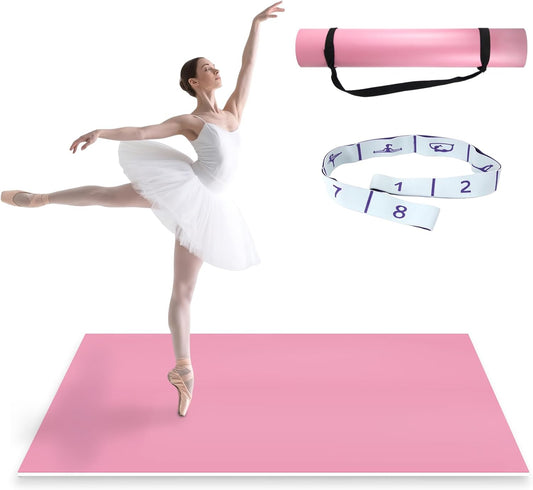 Dance Floor Mat Non-Slip with Shoulder Strap Portable and Dance Resistance Band, Dance Floor for Ballet,Jazz, Pop Thick PVC Practice Floor Reusable Mat (Pink, 180cm*90cm*0.35cm)