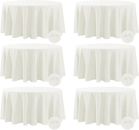 Fokitut 6 Pack Waterproof Round Tablecloth, 132 Inch, Stain Resistant and Wrinkle Polyester Table Cloth, Fabric Table Cover for Kitchen Dining, Wedding, Party, Holiday Dinner-Ivory
