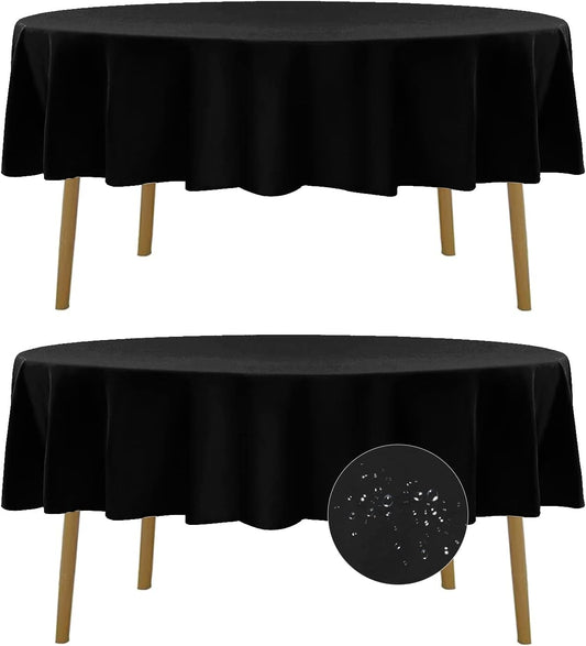 Fokitut 2 Pack Waterproof Round Tablecloth, 90 Inch, Stain Resistant and Wrinkle Polyester Table Cloth, Fabric Table Cover for Kitchen Dining, Wedding, Party, Holiday Dinner-Black