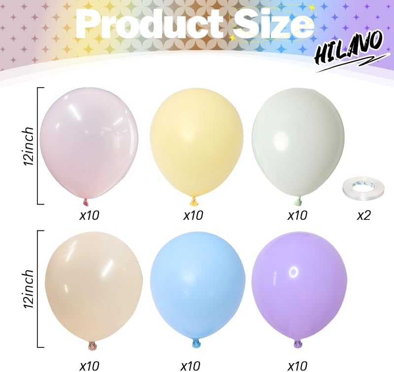 Pastel Rainbow Balloons, 60Pcs Colorful Macaron Pink Orange Yellow Green Blue Purple Balloons Birthday Decor, 12 Inch Multicolor Assorted Colors Latex Balloon for Wedding Baby Shower Party Decorations