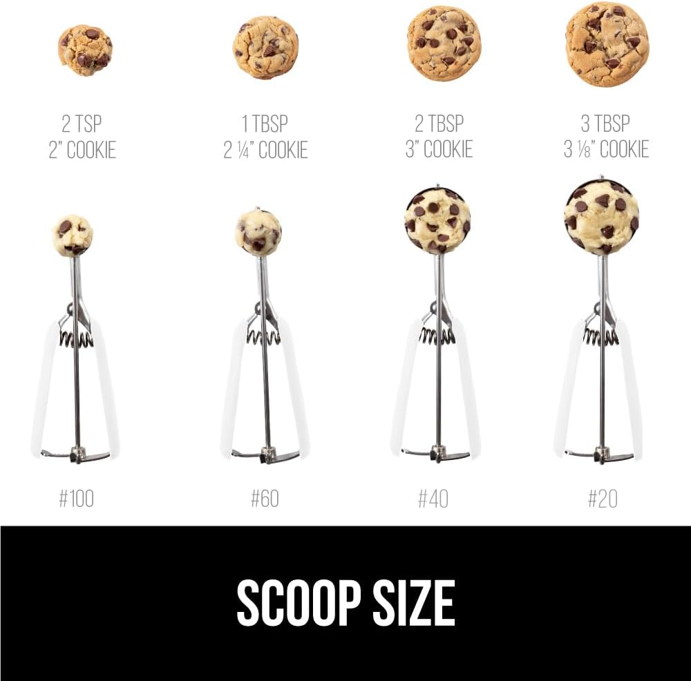 GORILLA GRIP Stainless Steel Multipurpose BPA-Free Spring Scoop, 3 TBSP, Melon Ballers, Cookie Dough Scoops, Perfect Portion Sizes, Easy Squeeze and Clean Release, Scooper Size 20, White