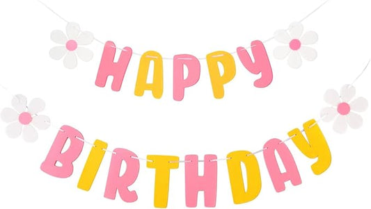 Pastel Birthday Banner with Flower Garland for Rainbow Party Decorations, Pre-Strung Happy Birthday Banner