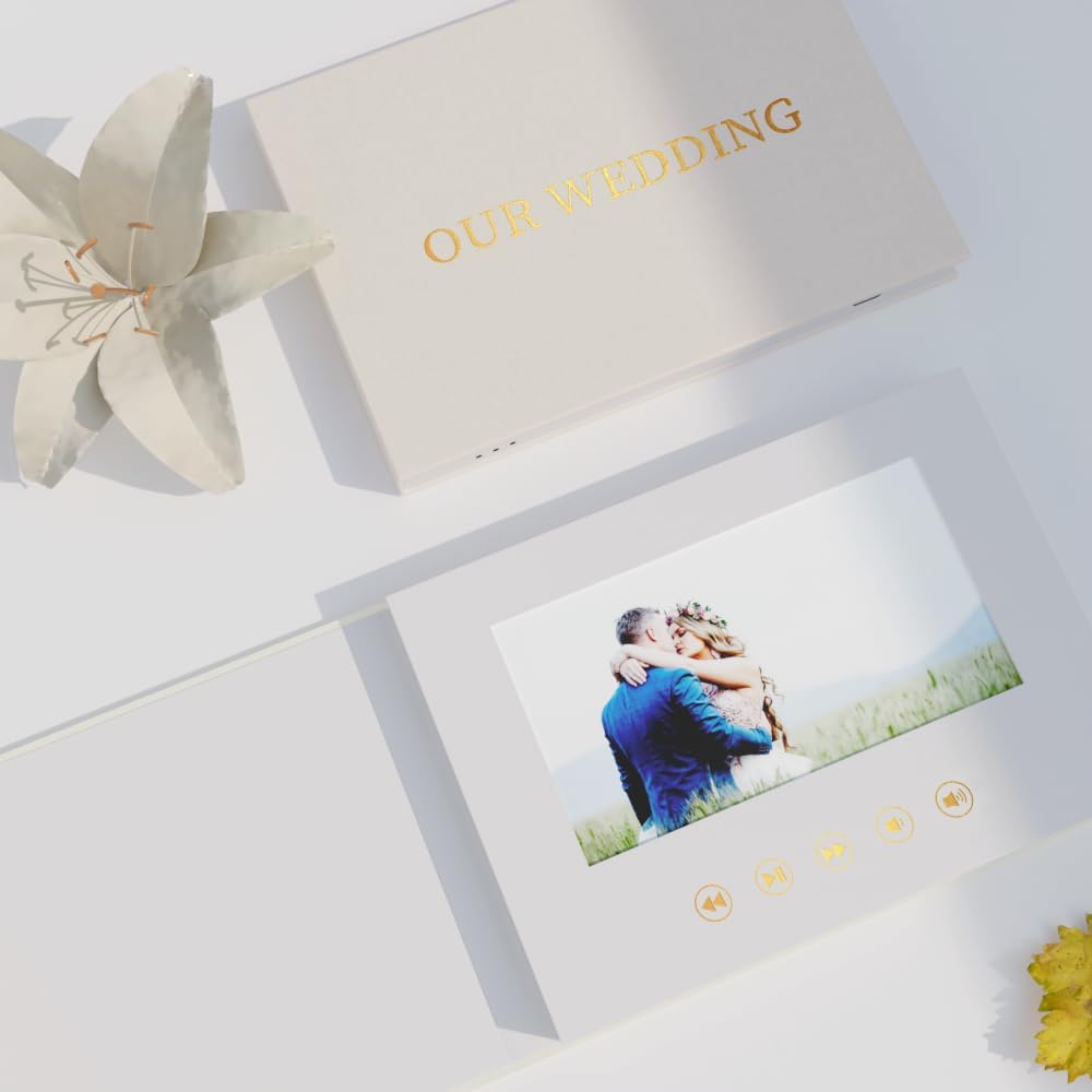 OUR WEDDING - GOLD FOIL Luxury Linen Bound Video Book Video Album Up to 2.5 hours of video, 7” IPS Display, 4GB of memory & Rechargeable Battery (OUR WEDING), White