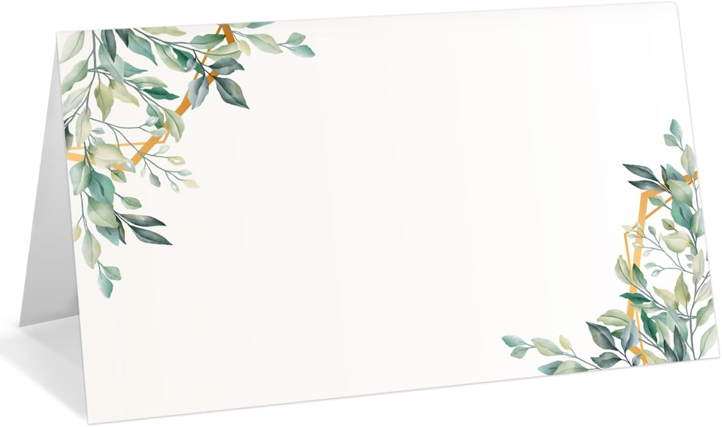 25 Pack Greenery Place Cards, Editable Name Cards for Table Setting, Tent Cards Food Label for Dinner Party, Bridal Shower, Wedding, Baby Shower and Events -T08