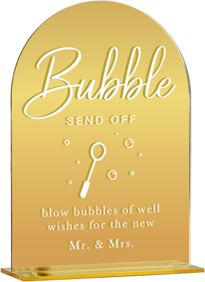 Acrylic Wedding Sign, Bridal Shower Decorations, Bubble Send Off Sign for Ceremony, Modern Font Table Signs, Gold Mirror Arched Acrylic Tabletop Signs for Wedding Reception and Event Party