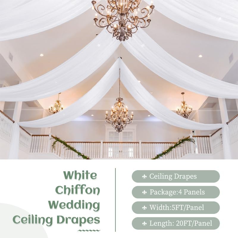 6 Panels White Ceiling Drapes 5ftx15ft Wedding Ceiling Drapes Chiffon Fabric Arch Draping Sheer Curtains Soft Drapery Draping Wedding Ceiling Decorations for Party Ceremony Stage Swag