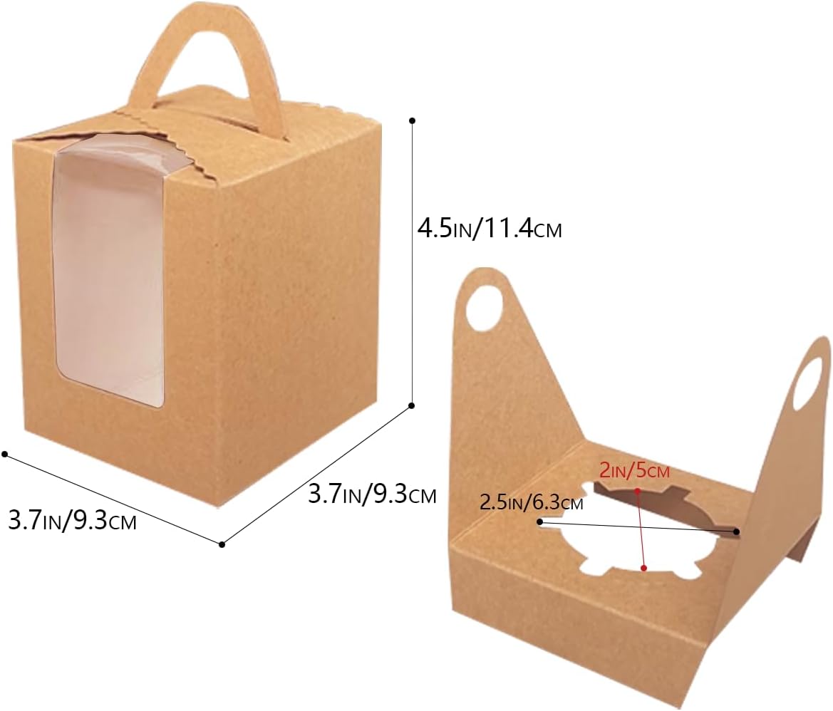 Bakepacker Auto-pop up Individual Cupcake Boxes with Window 25 Count Brown Single Cupcakes Box 3.6 x 3.6 x 4.3inch Cupcake Carrier