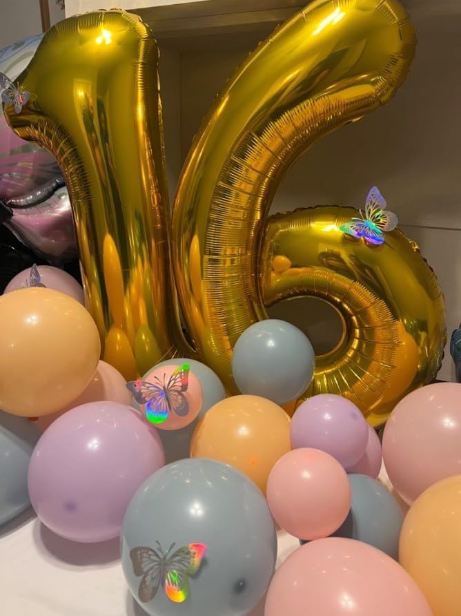 40 Inch Gold Mylar Foil Number 16 Birthday Balloon, Digital Balloons for 16 Sixteen Boy Girl Party Decorations Supplies, Big Helium Balloon Numbers for 16 Anniversary Graduation