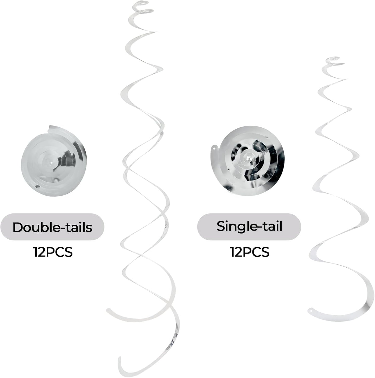 24 PCS Silver Foil Hanging Swirl, Sparkle Ceiling Hanging Decorations, Plastic Streamer Party Decorations, Swirl Decorations with Double-Swirls and Single-Swirls for Birthday, Baby Shower, New Years