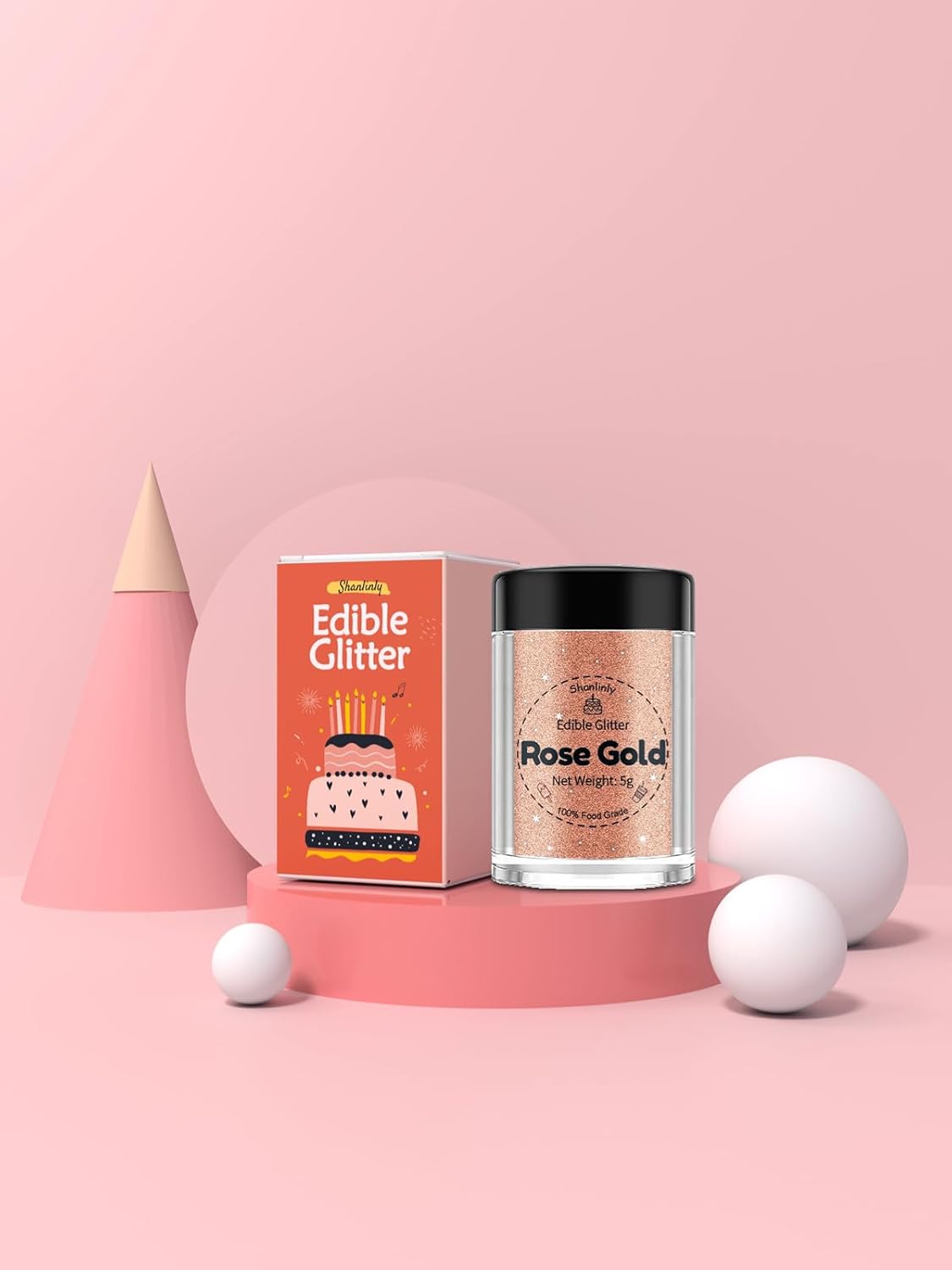 Shanlinly Rose Gold Edible Glitter for Cake Drinks - Food Grade 5g Shimmer Luster Glitter Dust Edible Glimmer Powder for Strawberries, Sprinkle on Sparkle, Chocolate, Cookie, Cupcake, Cocktail, Vegan