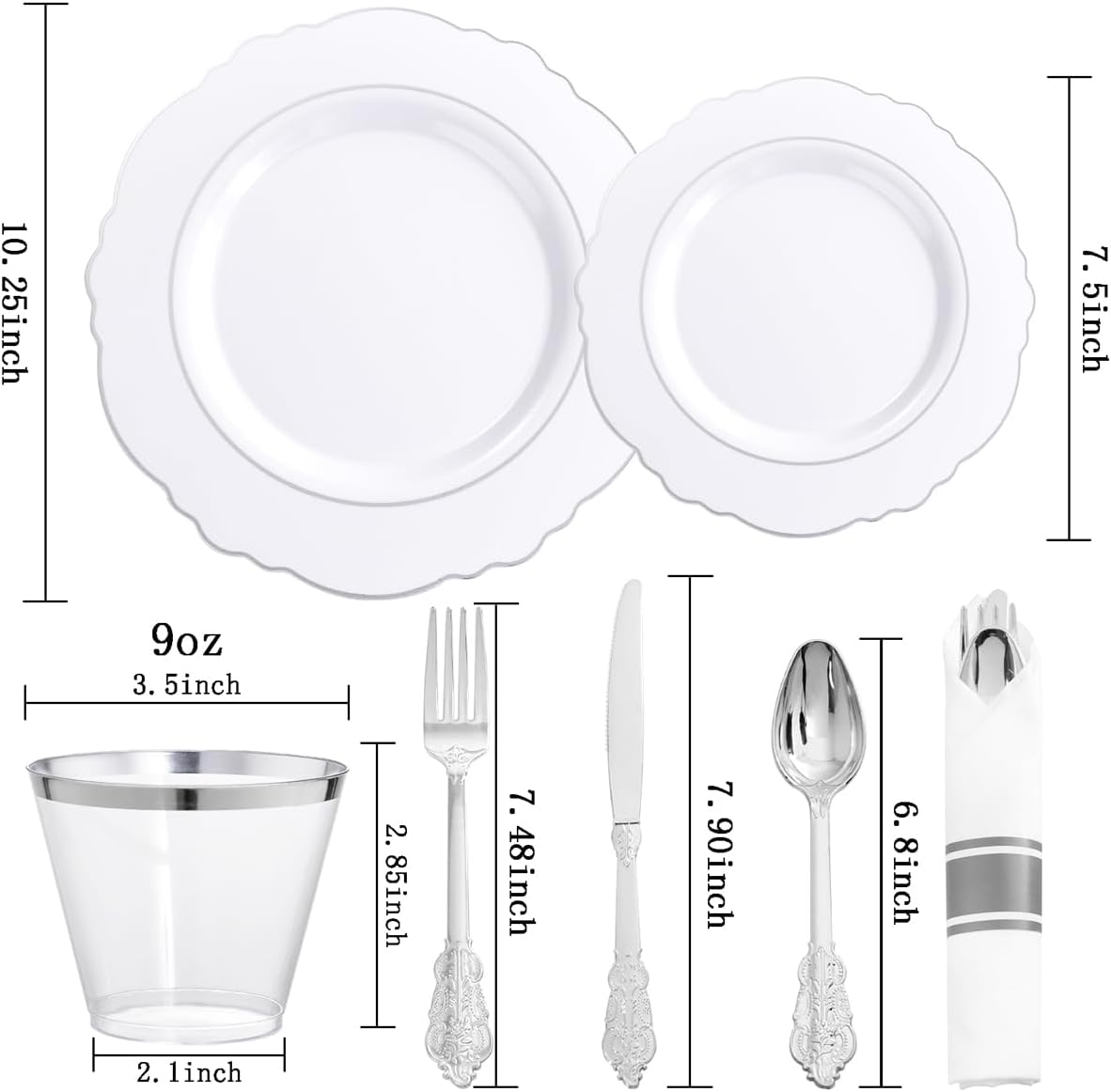 Liacere 350PCS Silver Plastic Plates-Disposable White and Silver Plates 50guest Baroque Plastic Dinnerware Set include 100Plates, 50Pack Pre Rolled Napkins with Silverware 50Cups Perfect for Chrismas