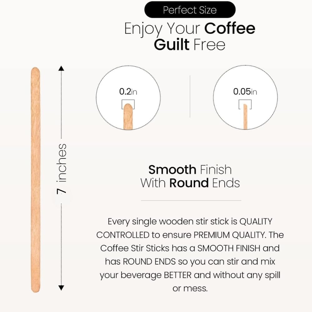 Coffee Stirrers Disposable Wooden Coffee Stir Sticks - Round-End Birchwood 7 Inches Large Wooden Stir Sticks - Pack of 2000 Wood Stir Sticks