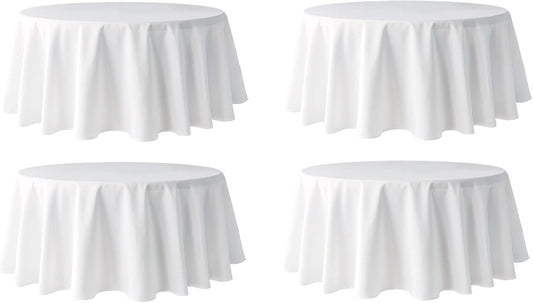Pomp White 120" Inch Round Premium Polyester Tablecloth (4 Pack) | Wrinkle + Stain Resistant Easy Care Fabric | Fits Round or Circle Table