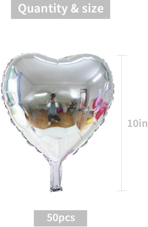 50 Pcs 10 inch Heart Shape Foil Mylar Balloons for Birthday Party Decorations, Wedding Decorations, Engagement Party, Valentine's Day, Celebration, Holiday, Show, Party Activities (Silver)