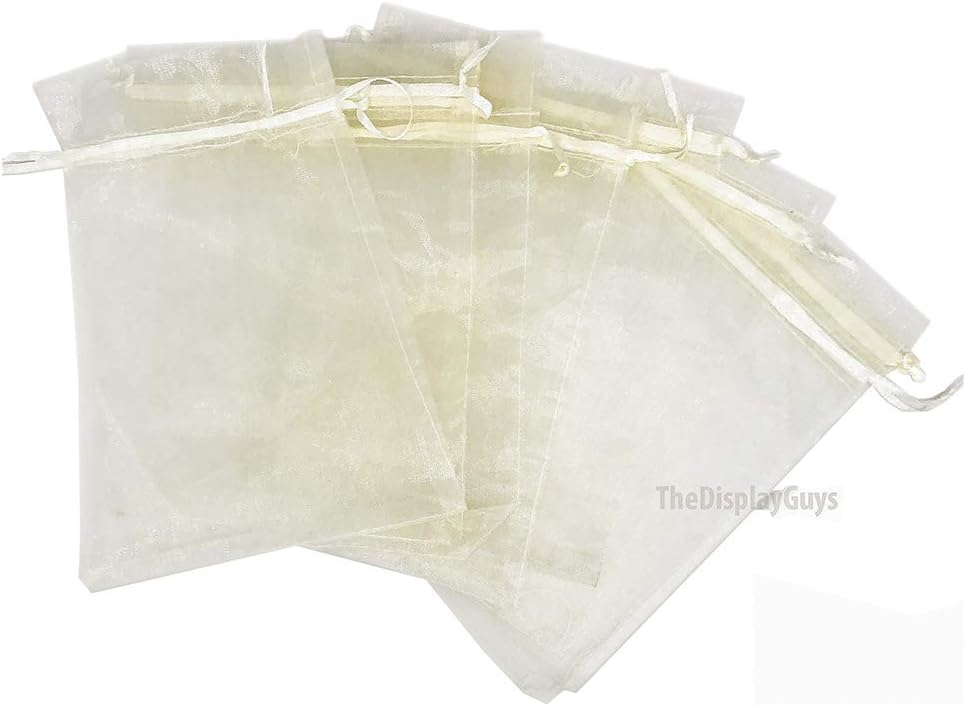 TheDisplayGuys 48-Pack 4x6 Cream/Beige Sheer Organza Gift Bags with Drawstring, Goodie and Treat Bags for Jewelry, Candy, Wedding Favors