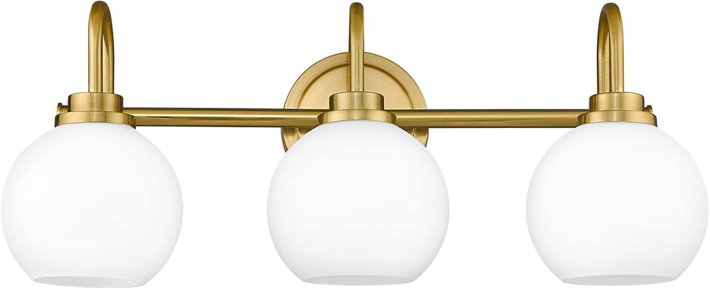 Gold Bathroom Light Fixtures, 3 Light Gold Modern Bathroom Light Fixtures Over Mirror with White Milk White Globe Glass Shade for Bathroom