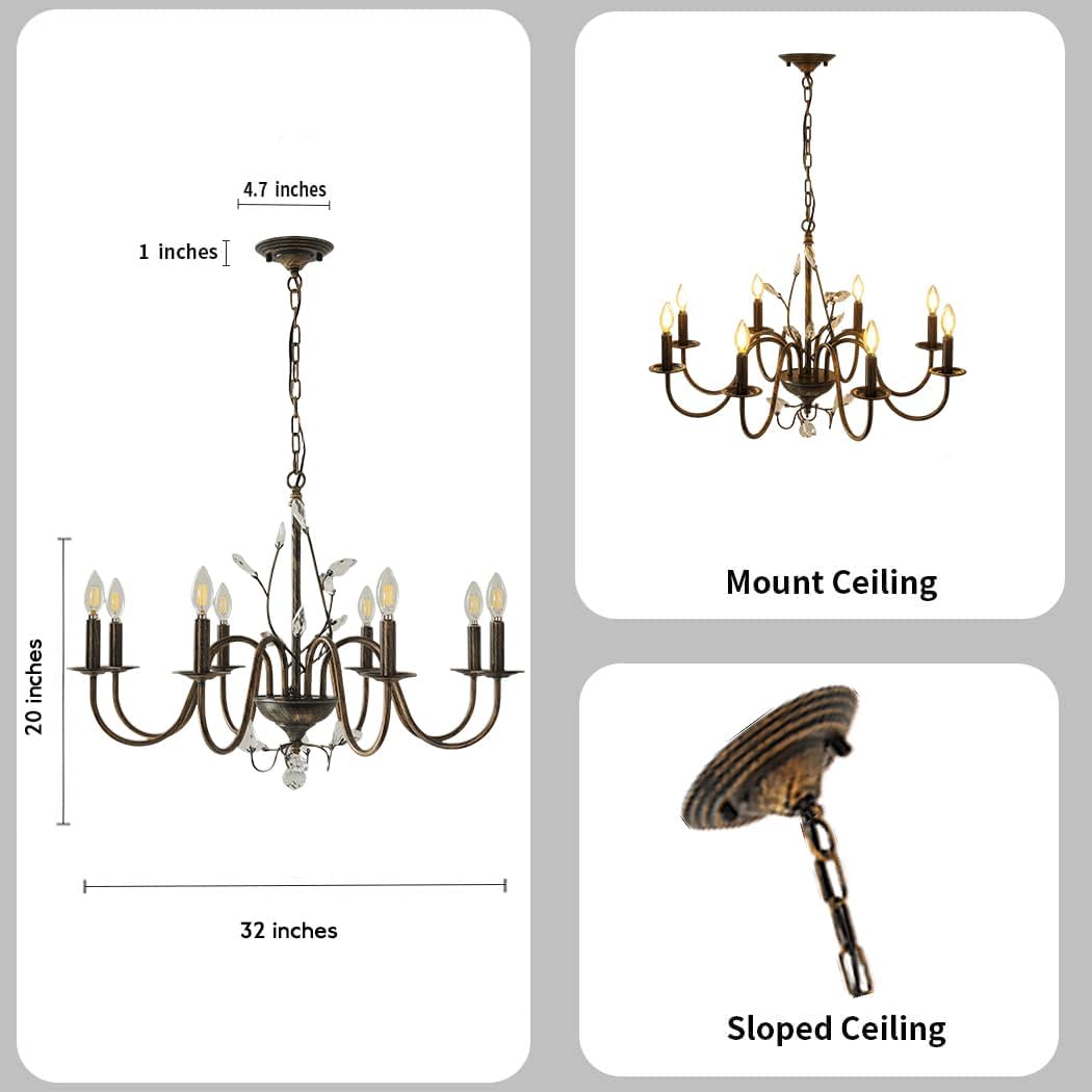 Farmhouse Crystal Chandelier,32 Inch Modern Flower Branch Oil-Rubbed Bronze Rustic Vintage Hanging Pendant Ceiling Light Fixture for Living Room Dining Room Bedroom Foyer Entryway
