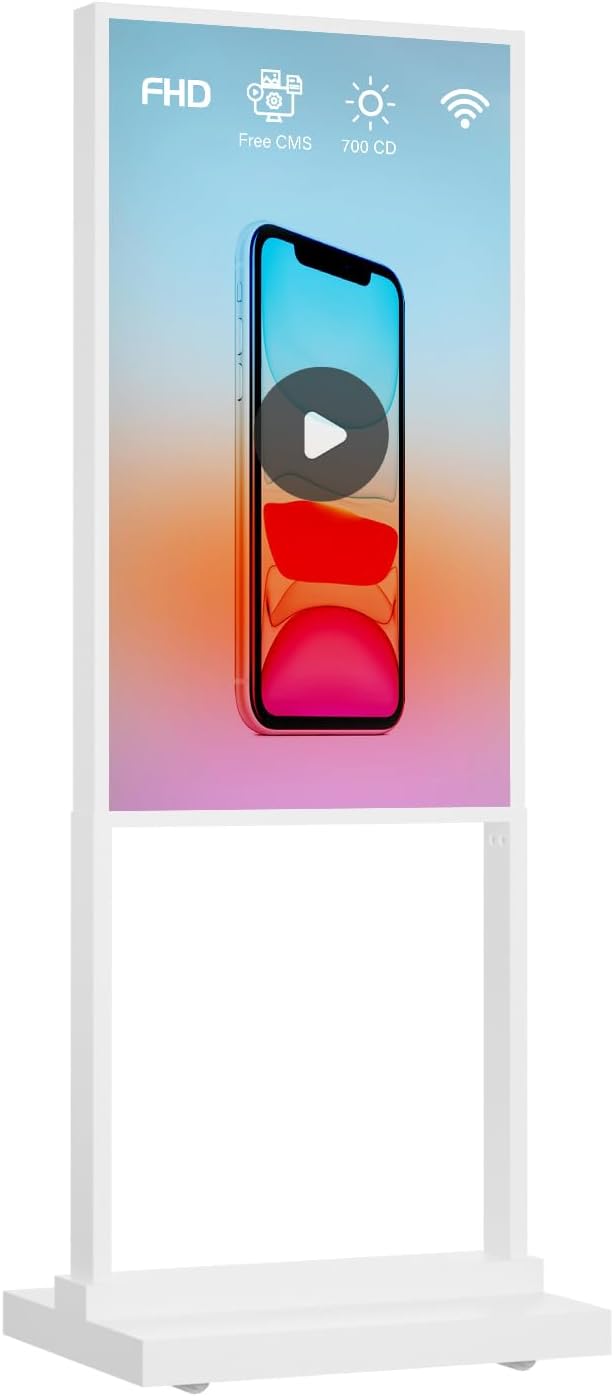 55 Inch Digital Signage Kiosk LCD Advertising Display Menu Displays Indoor Android Floor Standing Vertical Poster White, 2+32GB, 2K FHD, 700nits, USB
