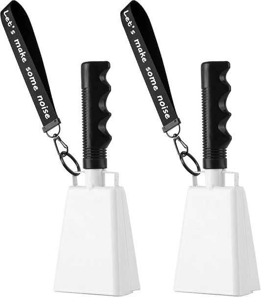 Cow Bells Noise Makers with Handle: Cowbells Hand Percussion for Sporting Events with Wrist Strap - 2pcs 8 Inch Large Loud Cheering Bell for Football Games Graduation (White)