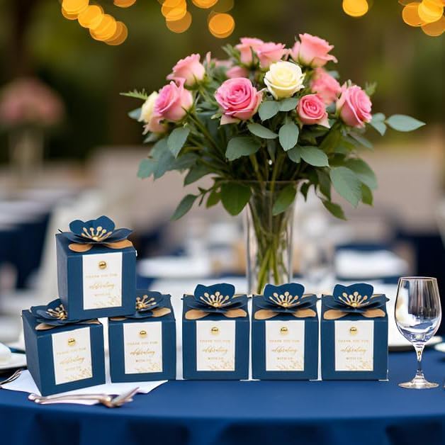 FEIYI 20 PCS Favor Boxes, 3 In 1 Navy Blue Candy Boxes with Floral Decor, White Thank You Tags Gold Foil Print Gift wrapping for Wedding, Baby Shower, Birthday, Decorations Party - 2.55x2.55x2.55