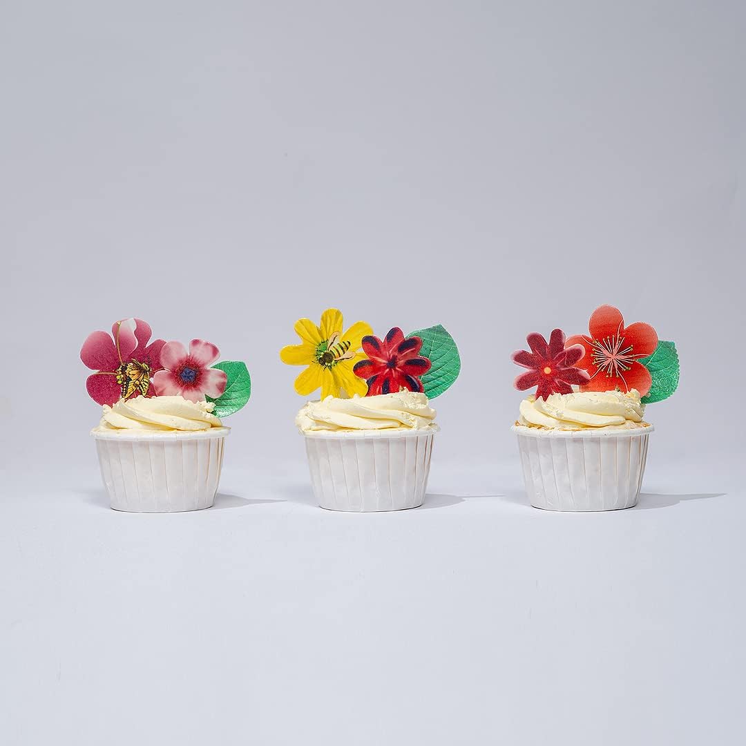 Edible Flowers Edible leaves 55pcs Wafer Paper Cake Cupcake Toppers for Decorating Rice Paper Flower Food Decorations for Baking Girl Birthday Party Mix Size Color (35flowers+20lesaves)