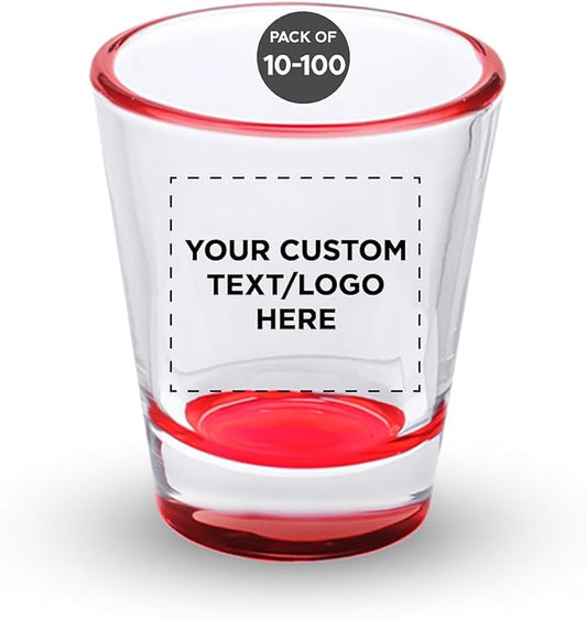 DISCOUNT PROMOS Custom Shot Glasses 1.75 oz. Set of 10/50/100, Personalized Bulk Pack - Great for Wedding Favors, Bachelorette Decorations, Party Favors - Red Bottom Color