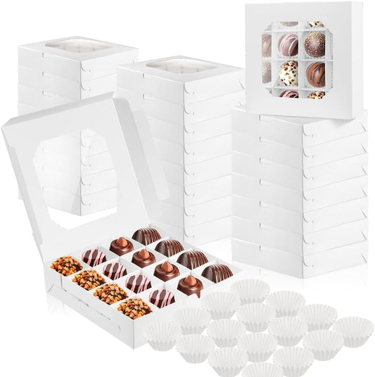 25 Pack White Bakery Boxes, Sweet Boxes with Windows and Divider, 16-Compartments Dessert Box for Chocolate Sweet Assortment