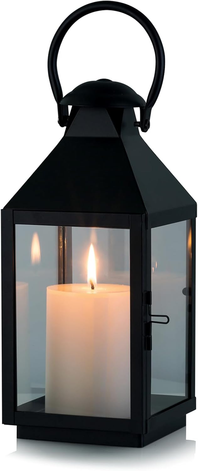 NUPTIO Black Decorative Candle Lantern: Metal Pillar Candle Holders for Table Centerpiece - 10.2in Tall Hanging Lanterns for Outdoor Wedding Party Home Living Room Fireplace Decor