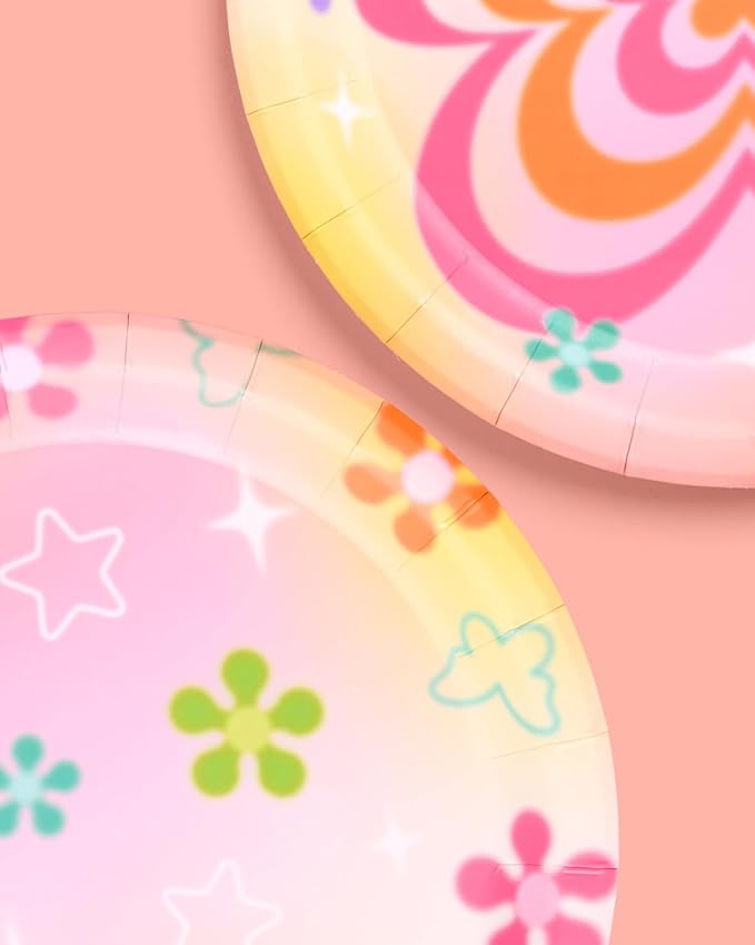 xo, Fetti Groovy Y2K Paper Plates, 2 Designs | 24 pcs 9" | Butterfly Kids Party Decorations, Girls Bachelorette Supplies, Rainbow Birthday Tablescape, Pastel Flower Decor