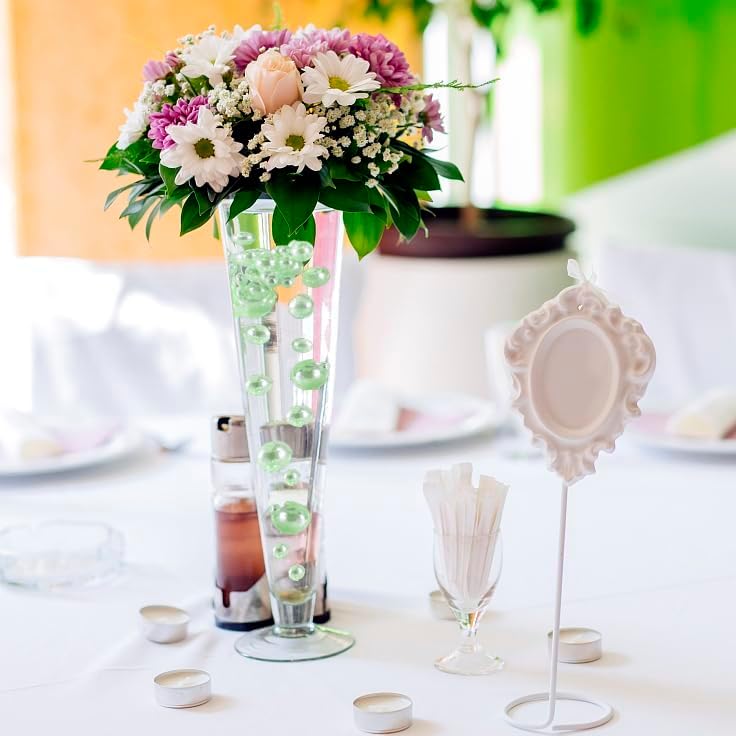 300Pcs Light Green Polished No Hole Faux Pearl Beads for Vase Filling Decorations, Plastic Pearls Vase Fillers, Table Scatters, Wedding Centerpiece, Home Decor, 8/14/20 mm