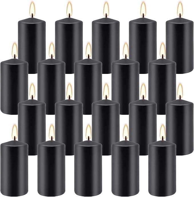 2"x4" High Black Pillar Candles, Set of 20 Unscented. Bulk Buy. Ideal for Halloween, Wedding, Emergency Lanterns, Household, Wedding and Home Décor Candlesticks