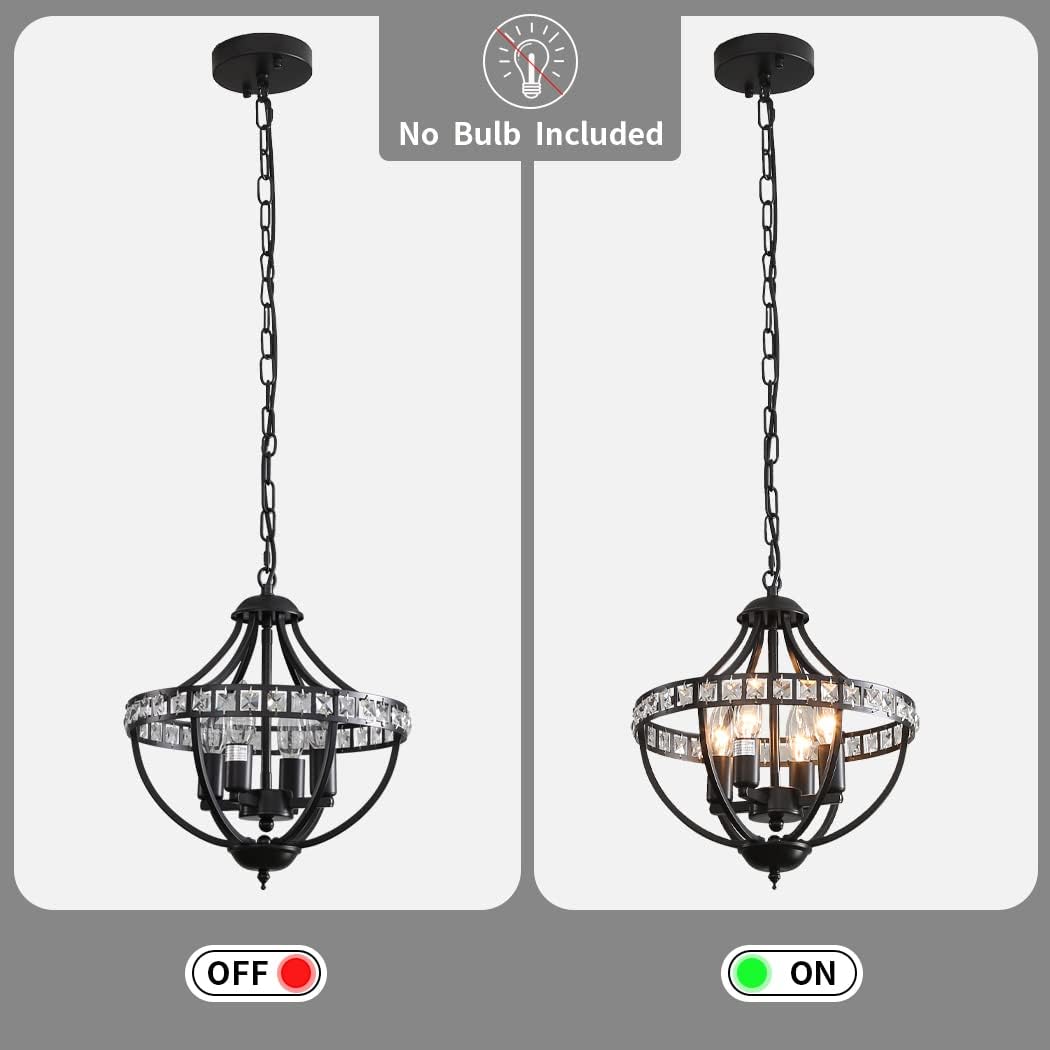 Crystal Chandelier Light Fixtures, 4-Lights Farmhouse Rustic Vintage Black Pendant Hanging Lighting Ceiling Chandeliers for Kitchen Island Dining Room Living Room Bedroom Foyer Hallway