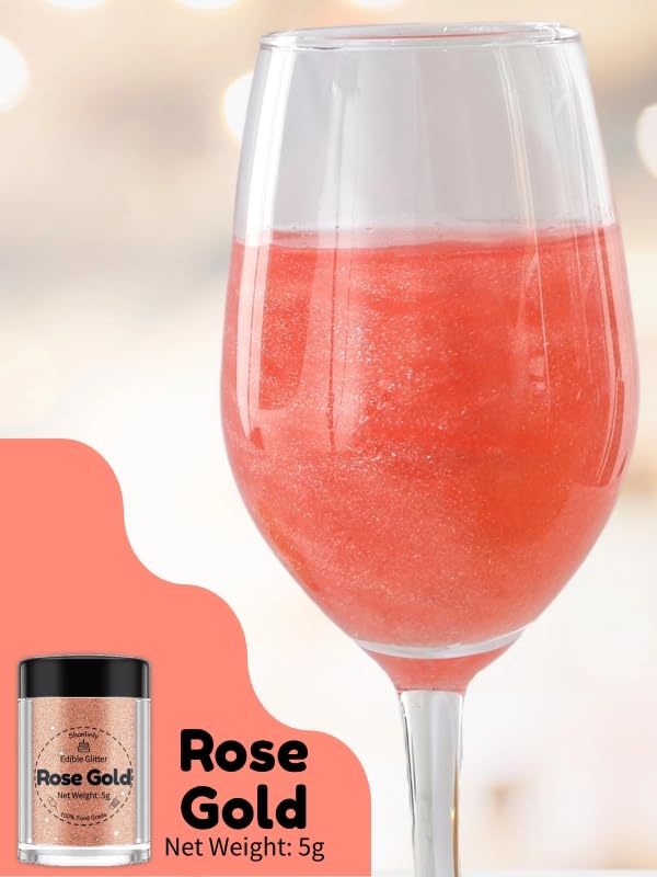 Shanlinly Rose Gold Edible Glitter for Cake Drinks - Food Grade 5g Shimmer Luster Glitter Dust Edible Glimmer Powder for Strawberries, Sprinkle on Sparkle, Chocolate, Cookie, Cupcake, Cocktail, Vegan