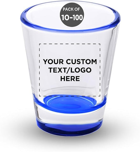 DISCOUNT PROMOS Custom Shot Glasses 1.75 oz. Set of 10/50/100, Personalized Bulk Pack - Great for Wedding Favors, Bachelorette Decorations, Party Favors - Blue Bottom Color