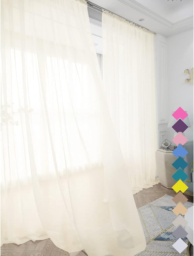 Window Beige Sheer Curtains 48 Inches Width 108 Inches Long 2 Panels Sheer Curtains Clear Curtains Basic Rod Pocket Panel for Home/Living Room/Bedroom/Kids Room