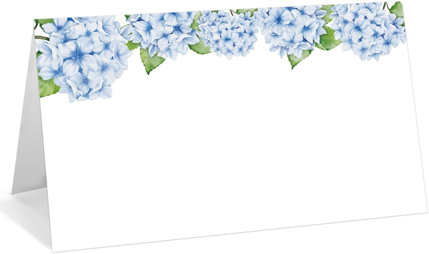 25 Pack Blue Floral Place Cards, Editable Name Cards for Table Setting, Tent Cards Food Label for Dinner Party, Bridal Shower, Wedding, Baby Shower and Events -T12