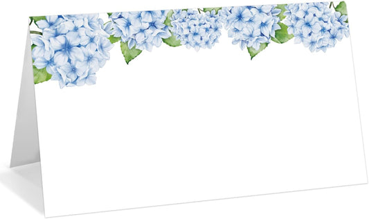 25 Pack Blue Floral Place Cards, Editable Name Cards for Table Setting, Tent Cards Food Label for Dinner Party, Bridal Shower, Wedding, Baby Shower and Events -T12