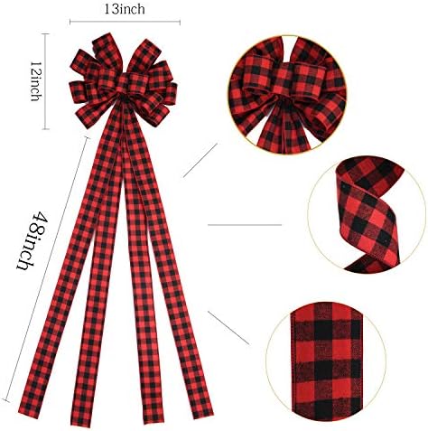 Christmas Checked Tree Topper,48x13 Inches Large Toppers Bow,Red and Black Plaid Buffalo Decorative Bows for Christmas Decoration (Red and Black Plaid)