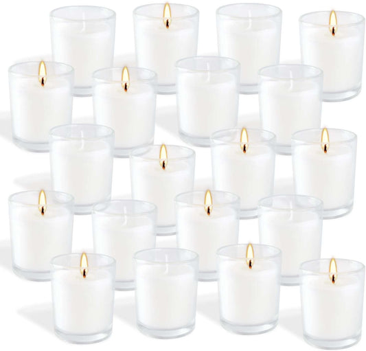 20 Pack White Unscented Glass Cup Candles - 15-20 Hour Burn Time, Soy Wax, Minimalist Style for Home Decor, Weddings, Parties & Special Occasions.